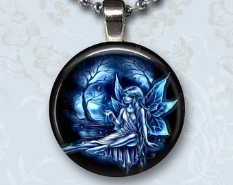 Blue Fairy Photo Charm Pendant, Fairy and Trees Glass Dome Medallion, Silver Chain Necklace, Jewelry by Yessijewels