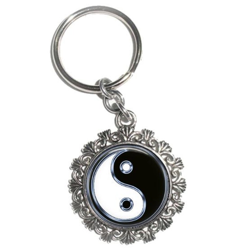 Ying & Yang Altered Art Pendant, Earrings and/or Keychain, USA Quarter Dollar Image, Round Photo Silver and Resin Charm Jewelry image 4