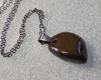 Brown Jasper Necklace Hand Carved Riverstone  Pendant, Stainless Steel Chain - 18 inch