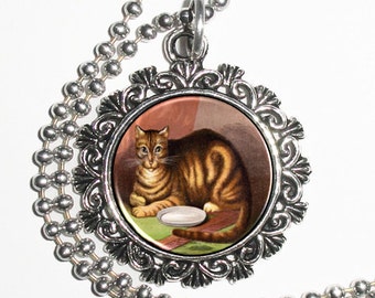 Brown Tabby Cat Art Pendant, Cat Resin Pendant, Kitty Vintage Art, Photo Charm Necklace