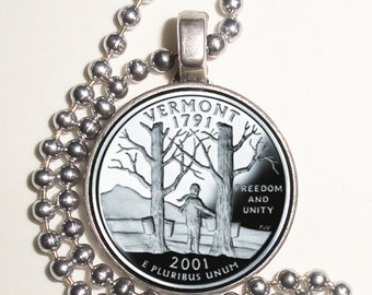 Vermont Art Pendant, Earrings and/or Keychain, USA Quarter Dollar Image, Round Photo Silver and Resin Charm Jewelry