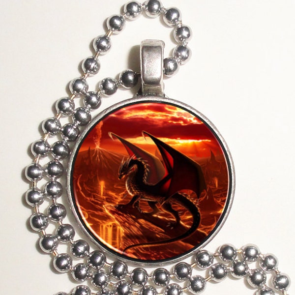 Volcanic Dragon Altered Art Photo Pendant, Earrings and/or Keychain, Round, Silver and Resin Charm Jewelry