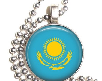 Republic of Kazakhstan Flag, Art Pendant, Earrings and Keychain, Round Photo Silver and Resin Charm Jewelry, Flag Earrings, Flag Key Fob