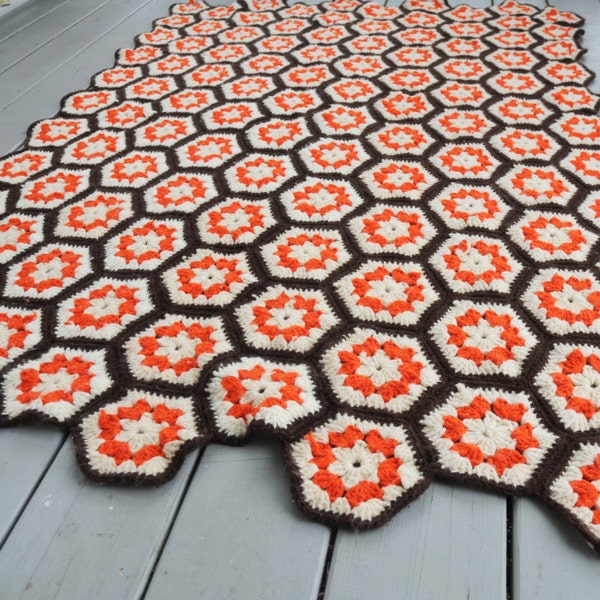 Vintage Hexagon Crocheted Afghan Throw Orange Brown Cream