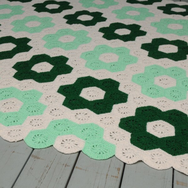 Vintage Hexagon Crocheted Afghan Blanket Large