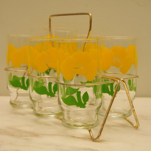 RESERVED Vintage Set of 8 Retro Lemonade Glasses with Carrier 1960s