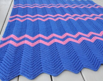 Vintage Zig Zag Afghan Handmade Blue Pink