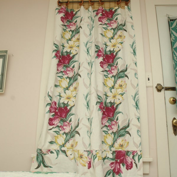 Mid Century 1940s Barkcloth Curtain Panel Tropical Pink Green White Background