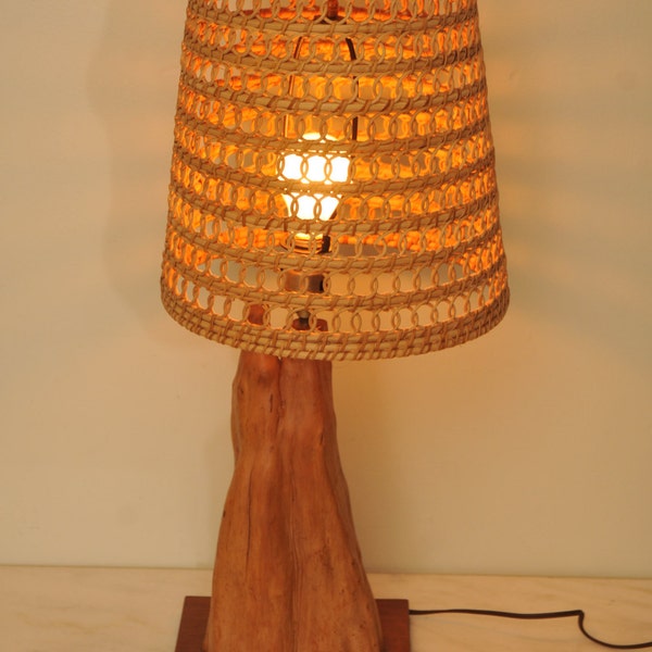 1950s VIntage Driftwood Table Lamp with Wicker Shade Bakelite Plug