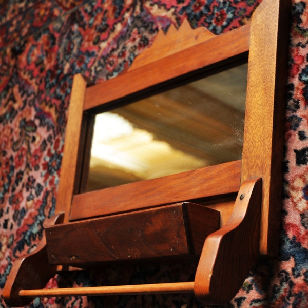 Antique Vintage Handmade Wooden Towel bar and Mirror Very Old 1940s 1950s