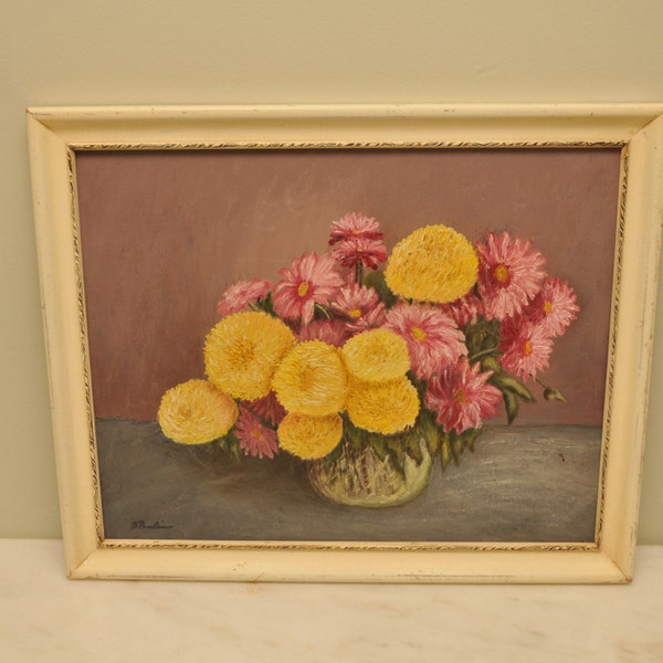 Vintage Floral Original Oil Painting Pink and Yellow Signed and Dated