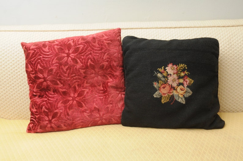 Pair Antique Throw Pillows Roses Needlepoint Textured Velvet Etsy