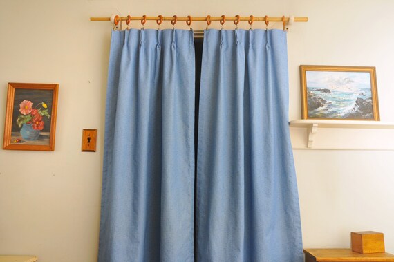 Vintage Blue Textured Curtains Lined Pair Etsy