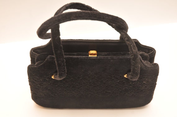 Mid Century Lewis Black Velvet Purse Handbag - image 3