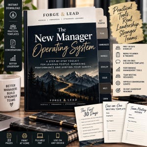 Puede incluir: Un libro titulado The New Manager Operating System de Forge & Lead con una portada de paisaje montañoso. Incluye secciones con pestañas para planificación, comunicación y gestión, junto con plantillas impresas para agendas y listas de tareas.
