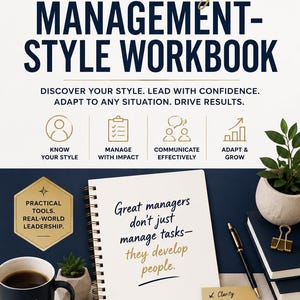 May include: A spiral-bound workbook titled New Manager Management-Style Workbook with a dark blue and white color scheme. The cover features the text Great managers don't just manage tasks—they develop people. Includes a black mug, pen, and notes.