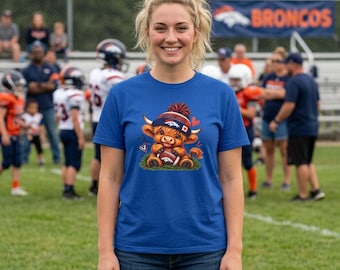 Highland Cow in Broncos Beanie T-Shirt | Cute Football Mascot
