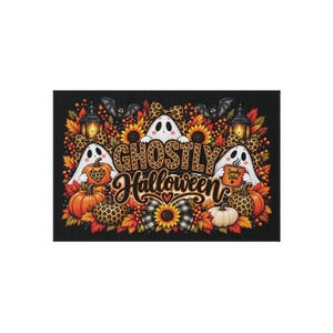 Ghostly Halloween Outdoor Rug | Pumpkin Sunflower Ghosts, Spooky Autumn Door Mat
