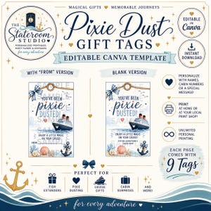 Könnte beinhalten: Eine bearbeitbare Canva-Vorlage für Kreuzfahrt-Geschenkanhänger mit nautischem Motiv, inklusive Kreuzfahrtschiff, Anker, Muscheln und blauen Schleifen. Der Text lautet Pixie Dust Gift Tags, You've Been Pixie Dusted und Enjoy a Little Magic on Your Cruise.
