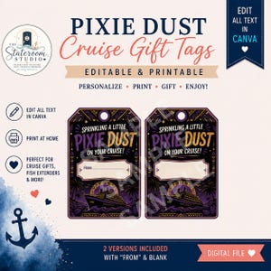 May include: Two rectangular cruise gift tags featuring a dark purple and black background with a cruise ship illustration, palm trees, and the text "Sprinkling a little Pixie Dust on your cruise!" One tag includes a "From:" line, while the other is blank.