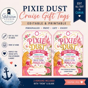 May include: Two rectangular gift tags featuring a blonde character in a pink dress, a castle, and pink roses. The text reads PIXIE DUST, JUST FOR YOU, SPRINKLED WITH A LITTLE MAGIC TO MAKE YOUR CRUISE EXTRA MAGICAL, FROM, and THE FRANCIS FAMILY CABIN 5664.