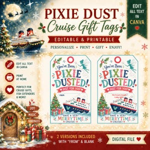 May include: Digital printable cruise gift tags featuring a festive holiday theme with a cruise ship, Christmas tree, and fairy illustrations. The text reads Pixie Dust Cruise Gift Tags, You've Been Pixie Dusted, and Have A Very Merrytime Cruise.