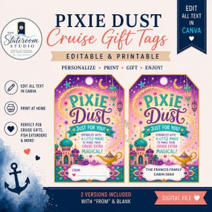 Pode incluir: Duas etiquetas de presente retangulares com cantos superiores arredondados, fundo degradê roxo e rosa, um palácio dourado, uma lâmpada mágica e estrelas. O texto diz Pixie Dust, Just For You, Sprinkled with a little magic to make your cruise extra magical.