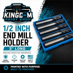 May include: A set of five metallic end mill holders, each 3 inches long and 1/2 inch in diameter, arranged in a blue plastic tray. The text on the product reads 1/2 U.S.A. The image includes the Kingdom Print Shop logo and text details.