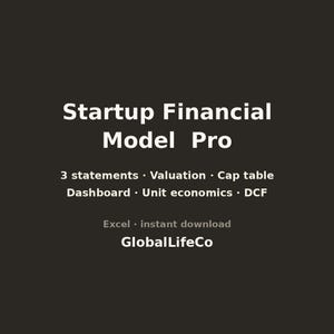 May include: A dark brown digital document titled Startup Financial Model Pro. It lists features including 3 statements, Valuation, Cap table, Dashboard, Unit economics, and DCF. The text indicates Excel format, instant download, and GlobalLifeCo.