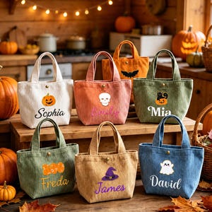 Personalized Corduroy Halloween Tote Bag | Embroidered Name, Plush Patches (Reusable Candy Basket)