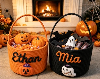 Personalized Halloween Candy Basket, Rope-Woven Trick-or-Treat Bucket (Custom Name)