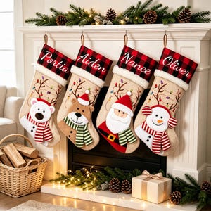 May include: Four Christmas stockings featuring a red and black buffalo plaid cuff with white faux fur trim. Each stocking is personalised with names Portia, Aiden, Nance, and Oliver, and decorated with embroidered string lights and plush characters.