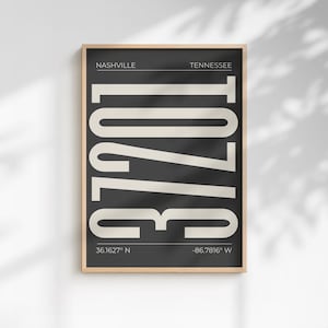 May include: A rectangular wall art print in a light wood frame featuring a dark grey background with large, cream-coloured vertical text reading 37201. The top displays Nashville, Tennessee, and the bottom shows coordinates 36.1627 N -86.7816 W.