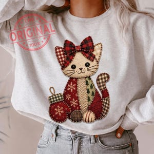 Patchwork Christmas Cat PNG, Rustic Fabric Cat Sublimation Design, Buffalo Plaid Cat PNG, Cute Xmas Shirt Design, Bonus Design