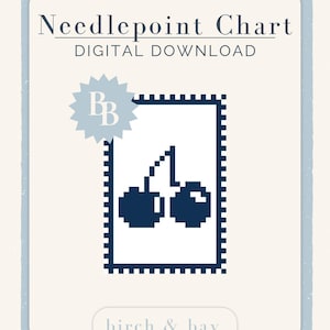 May include: A digital needlepoint chart featuring a pixelated dark blue cherry graphic inside a rectangular border. The text reads Needlepoint Chart, DIGITAL DOWNLOAD, BB, and birch & bay. The design is set against a light cream background with blue stripes.