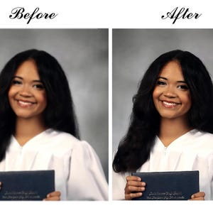 May include: A side-by-side comparison showing a person with long dark hair wearing a white graduation gown and holding a dark blue diploma cover. The left side is blurry, while the right side shows a sharp, clear, and high-resolution image.