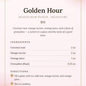 May include: A menu card titled Piper's Punch featuring the Golden Hour mango rum punch recipe. It lists ingredients including 2 oz coconut rum, 2 oz mango nectar, 1 oz orange juice, and 0.25 oz grenadine, with numbered preparation directions and garnish.