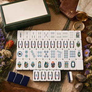 May include: A set of white mahjong tiles featuring nature-themed illustrations, including trees, animals, and landscapes. The tiles display numbers one through nine, directional letters E, S, W, N, and labels for Red, Green, and Soap, all in a rectangular arrangement.