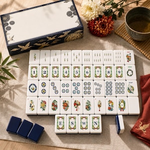 May include: A mahjong set featuring white tiles with colorful floral, bird, and numerical designs, including directional tiles marked E, S, W, N, and special tiles labeled RED, GREEN, and SOAP, presented with a dark blue storage box.