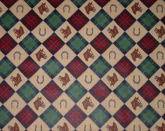 Vintage Equestrian Fabric: Horse Head, Horseshoe Plaid, 1 Yard