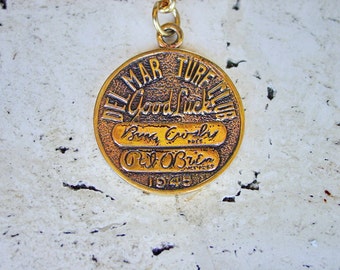 NEW Vintage Del Mar Turf Club Good Luck Charm Brass Key Chain Bing Crosby Pat O'Brien Horse Racing