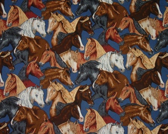 Real McCOY MUSTANG Horse Heads Blue Horse Equestrian Fabric Robert Kaufman New