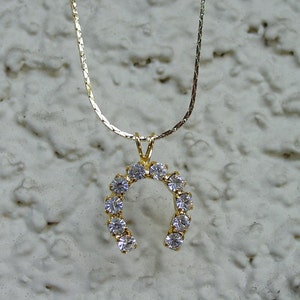 Horse Shoe CZ Equestrian Jewelry Pendant & 18&quot; Chain Necklace 14K Gold Plated Great Detail