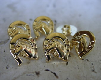 EQUESTRIAN Horse Head in Horseshoe Gold Buttons set of 9 Pieces Rare Custom Made 1/2"