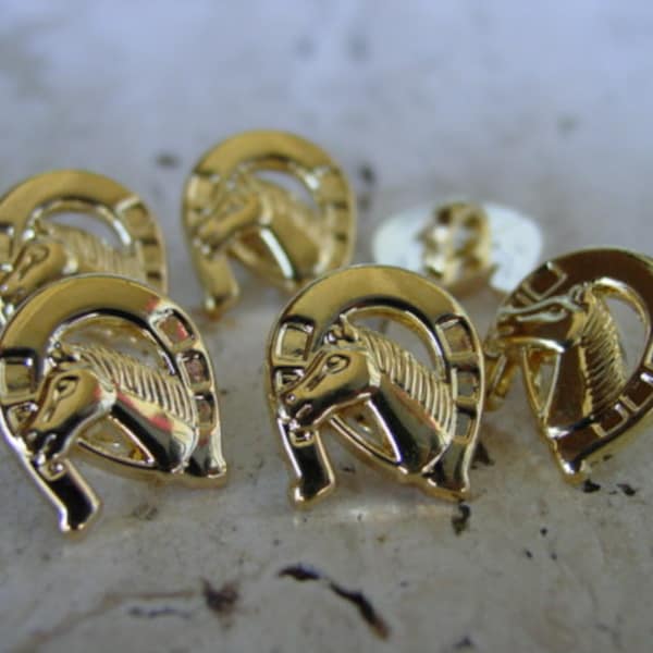 EQUESTRIAN Horse Head in Horseshoe Gold Buttons set of 9 Pieces Rare Custom Made 1/2"