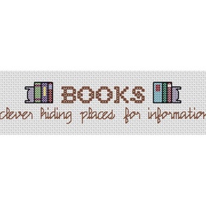 Puede incluir: Un diseño de punto de cruz con el texto "BOOKS clever hiding places for information" y dos pilas de libros a cada lado del texto.
