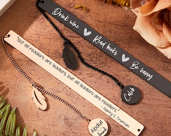 Custom Engraved Stainless Steel Bookmark with Feather Charm, Personalized Quote Metal Bookmark, Book Lover Gift, Birthday Gift for Her Him