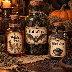 May include: Three glass apothecary bottles with cork stoppers and twine. The left bottle is amber with a Witch Hazel label. The center bottle is green with a Bat Wings label and a bat charm. The right bottle is clear with a Black Salt label and a skull charm.
