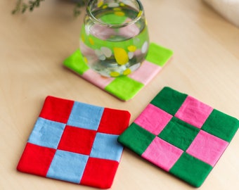 Checkered Fabric Coaster (Handmade Drink Coaster, Square Coaster, Housewarming Gift )