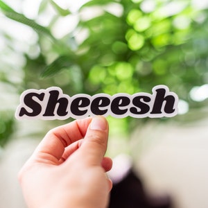 May include: A white sticker with the word "Sheeeesh" printed in black bold letters.
